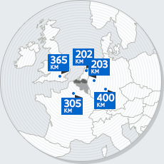 Afstand tot Londen: 365 km, afstand tot Amsterdam: 202 km, afstand tot Düsseldorf: 203 km, afstand tot Frankfurt: 400 km, afstand tot Parijs: 305 km